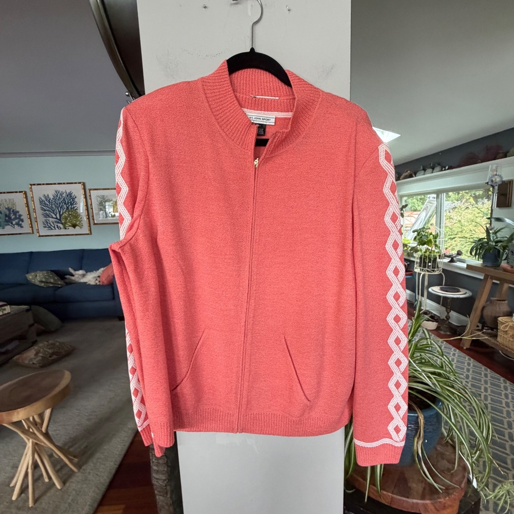 St. John Sport Cardigan Shell Set Womens L Coral Pink Knit Zip Up Geometric